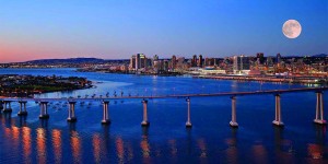 San Diego Skyline with blue water Coronado bridge to San Diego Airport
