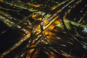 High angle view of city and highways, Los Angeles, California, USA