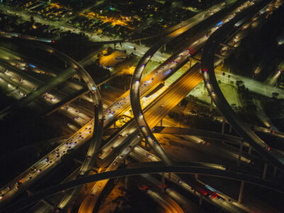 High angle view of city and highways, Los Angeles, California, USA